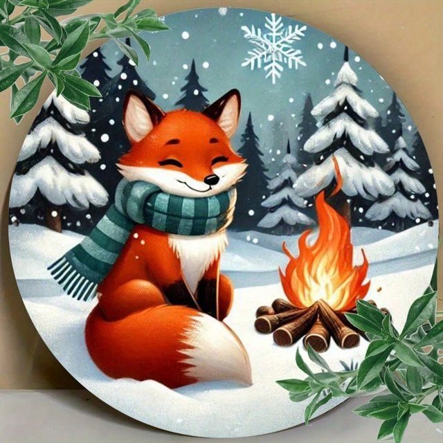CIFBUY Vintage Metallschild Fox Winter Bonfire Weihnachtsbaum rund, Durchmesser: 20,3 cm, Multicolor - Bild 1