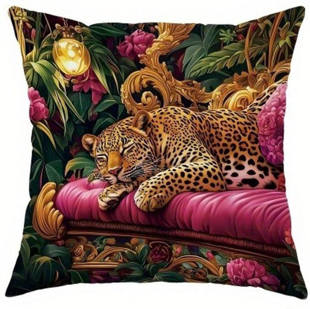 JMG Clothing Kissenbezug Hua Wild Style Leopard Dschungelszene, Mehrfarbig, B/B: 40 x 40 cm - Bild 1