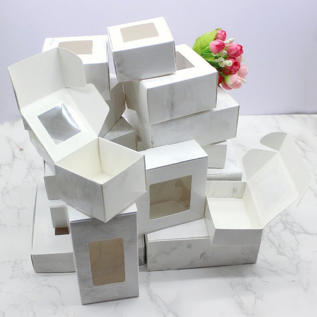 10 Stück Geschenkboxen mit Fenster und Marmor-Muster in Weiß aus Papier für Süßigkeiten und Schmuck - Bild 1