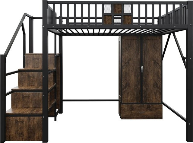 Merax Hochbett für Teenager mit Schrank und Schubladen in Schwarz, Material Mix aus Holz und Metall, B/T/H: 200 x 140 x 170 cm - Bild 1