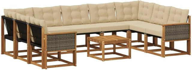 vidaXL Outdoor-Sofagarnitur L-Form aus Massivholz Akazie mit 10 Kissen in Natur und Beige - Bild 1