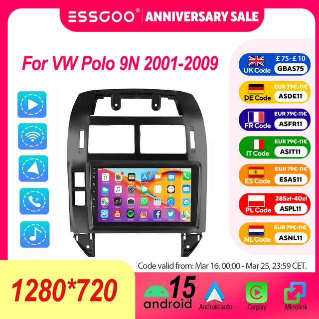 ESSGOO 9 Zoll Autoradio für VW Polo 9N (2001-2009) mit IPS Touchscreen, Android 15, Apple CarPlay, Android Auto, GPS, WiFi, Bluetooth und Lenkradsteuerung in Schwarz - Bild 1