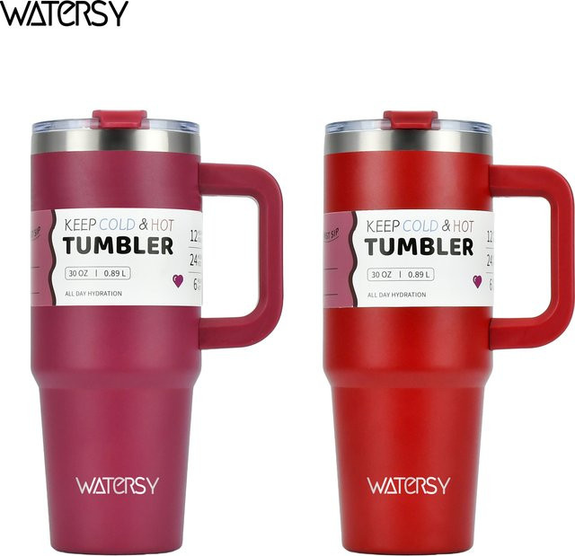 WATERSY 2er Set Edelstahl Thermobecher mit Griff, vakuumisoliert für Heiß- und Kaltgetränke, 891 ml, Pink und Rot - Bild 1