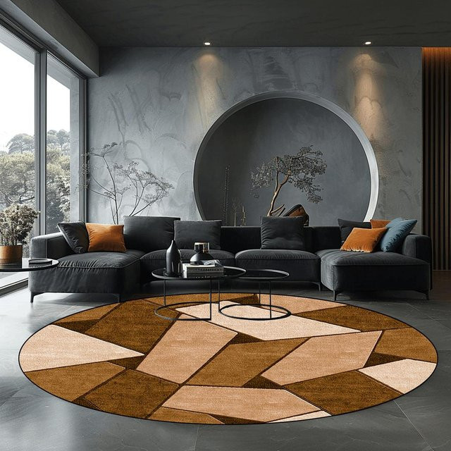 Runder Wohnzimmerteppich BC-Warm Home in Braun mit geometrischem Design, rutschfest und waschbar, Durchmesser: 80 cm - Bild 1