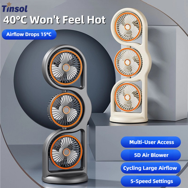 TINSOL Tragbarer Drei-Kopf-Ventilator in Schwarz mit 360 Grad Zirkulation, 5-Stufen-Windregulierung und USB-Wiederaufladung für Tisch und Outdoor - Bild 1