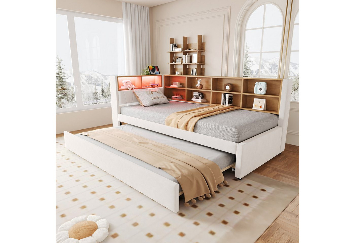 Flieks Daybett Polsterbett mit LED und Steckdose als Ausziehbett, Maße: 90 x 200 cm und 90 x 190 cm - Bild 1