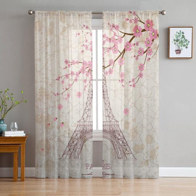 Transparente Vorhänge von A Family Of Home Textiles mit rosa Kirschblüten und floralem Design, B/H: 135 x 114 cm - Bild 1