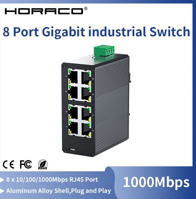 HORACO 8-Port Gigabit Industrie-Ethernet-Switch in Schwarz mit DIN-Schienenmontage und Plug-and-Play - Bild 1