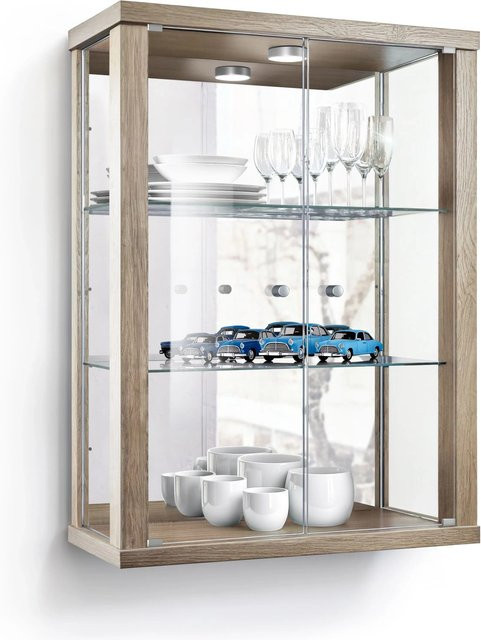 K-Möbel Wandvitrine aus Glas mit LED-Beleuchtung und Spiegel in Sonoma Eiche, B/H/T: 80 x 60 x 25 cm - Bild 1