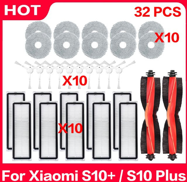 QIXIAO Ersatzteil-Set für Xiaomi S10 Plus Roboterstaubsauger mit Hauptbürste, Seitenbürsten, Wischtüchern und HEPA-Filtern - Bild 1