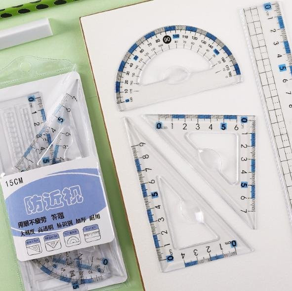 7-teiliges geometrisches Zeichenwerkzeug-Set für die Schule mit Kompass, Winkelmesser, Lineal und Radiergummi in Hellblau - Bild 1