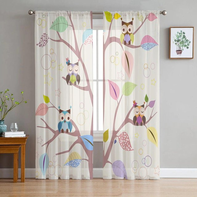 Transparentes Chiffon-Voile-Vorhang mit Cartoon-Eulen-Motiv von A Family Of Home Textiles, B: 135 cm, H: 114 cm - Bild 1