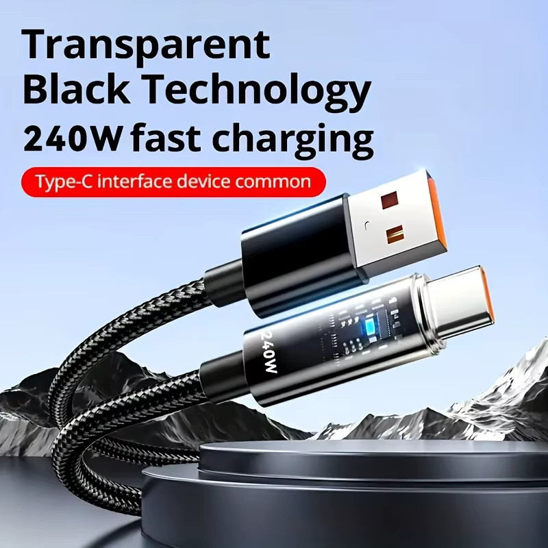NNBILI USB-A auf USB-C Schnellladekabel 240W, transparentes geflochtenes Datenkabel in Schwarz - Bild 2