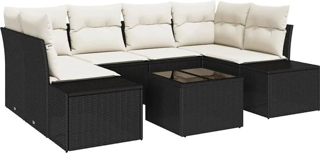 vidaXL Garten-Sofa-Set 7-teilig aus Polyrattan in Schwarz mit beigefarbenen Polstern und Couchtisch in U-Form - Bild 1