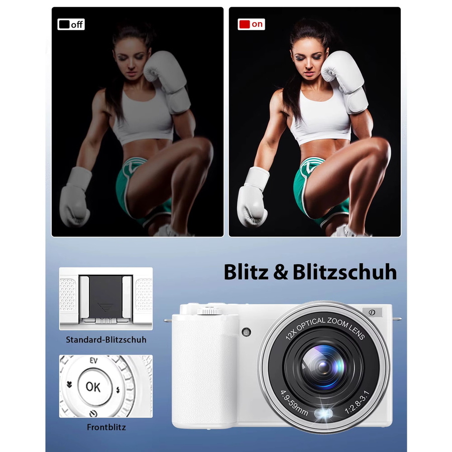 DEMANN GMBH Digitalkamera 4K mit 64 Megapixel, 12-fachem optischem Zoom und optischer Bildstabilisierung, kompakte weiße WLAN Vlog Kamera für Foto und Video inklusive 2 Akkus und 64GB TF-Karte - Bild 6
