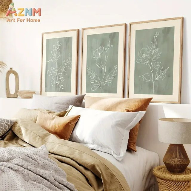 Kayou Botanisches Leinwand-Wandbild mit floralen Linienkunst-Motiven in Salbeigrün im Boho-Stil - Bild 1
