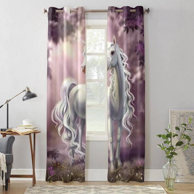 Einhorn Fenster Vorhang für Kinderzimmer und Wohnzimmer, halbtransparent, Multicolour, Breite: 135 cm, Höhe: 60 cm - Bild 1