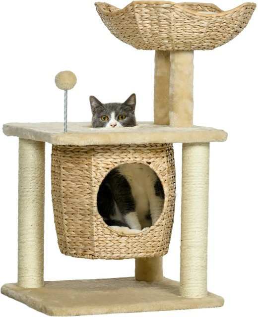 PawHut Kratzbaum in Beige mit Katzenhöhle und Spielball aus Schilfrohr und Plüsch, Höhe: 74 cm - Bild 1