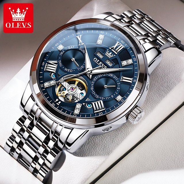 Olevs Armbanduhr Automatik, Skelett, Edelstahl, Herren, Blau, Silber - Bild 1