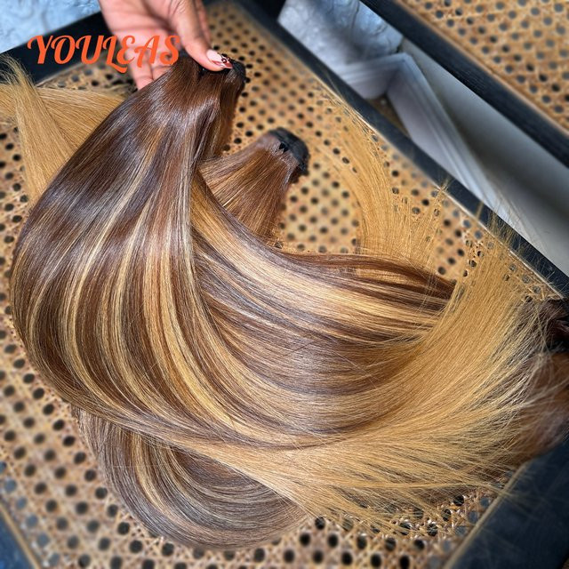 Youleas Haarverlängerung Highlight 4/27 Blonde, 100 % unbehandeltes Echthaar, 3 Bündel, Damen - Bild 1