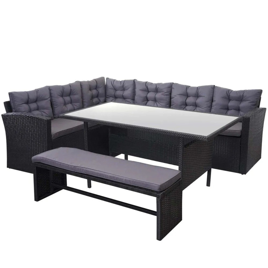 MCW Poly-Rattan-Garnitur A29 Lounge-Esstisch-Set in Schwarz mit Bank und dunkelgrauen Kissen, B/T/H: 242 x 178 x 74 cm - Bild 3