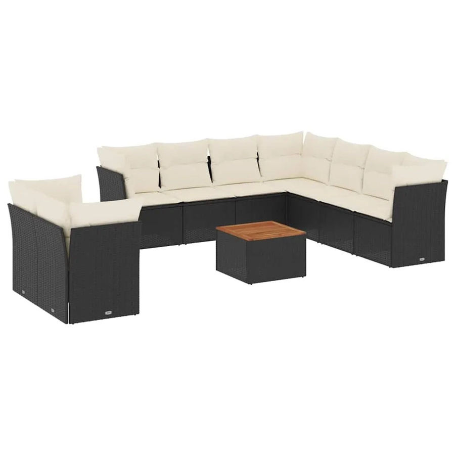 vidaXL 11-teilige Garten-Sofagarnitur in L-Form aus Polyrattan und Akazienholz mit Kissen in Schwarz-Creme - Bild 2