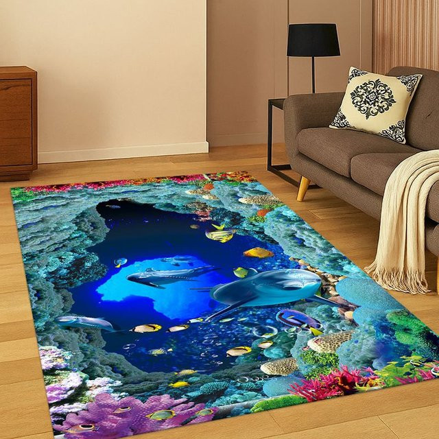 Faviora 3D-Illusionsmuster Unterwasser-Teppich mit rutschfester Unterseite, Mehrfarbig, Rechteckig - Bild 1