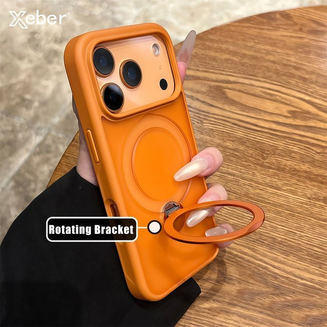 Xeber Matte TPU Schutzhülle mit drehbarem Halter für iPhone 12 bis iPhone 17 Pro Max, Magnetisch, MagSafe kompatibel, Stoßfest, Farbe: Orange - Bild 1