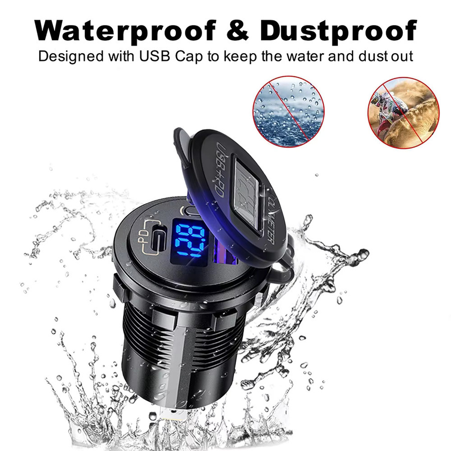 EARU USB C Auto Ladegerät 12V/24V mit Dual USB-Buchse PD 3.0 und QC 3.0, LED-Voltmeter und Ein/Aus-Schalter, Schwarz - Bild 6