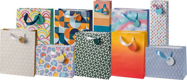 CRELANDO Geschenktaschen-Set aus Papier und Satin mit Muster in Multicolour, 10 Stück - Bild 1