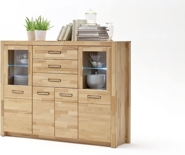 Vaja Möbel Kommode Fenja 4-türig mit 3 Schubladen aus geöltem Buchenholz in Braun und Beige mit integrierter Beleuchtung - Bild 1