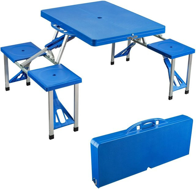 Wiltec Camping Sitzgruppe aus Kunststoff und Aluminium in Blau mit klappbarem Campingtisch - Bild 1