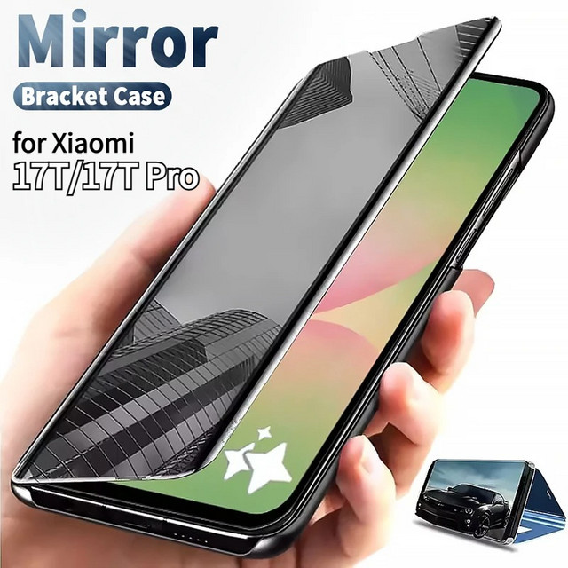 Luxuriöse glänzende Spiegel-Klapphülle aus Leder mit Ständer für Xiaomi 17T Pro, 15T, 14T, 13T und 14 Pro in Schwarz - Bild 1