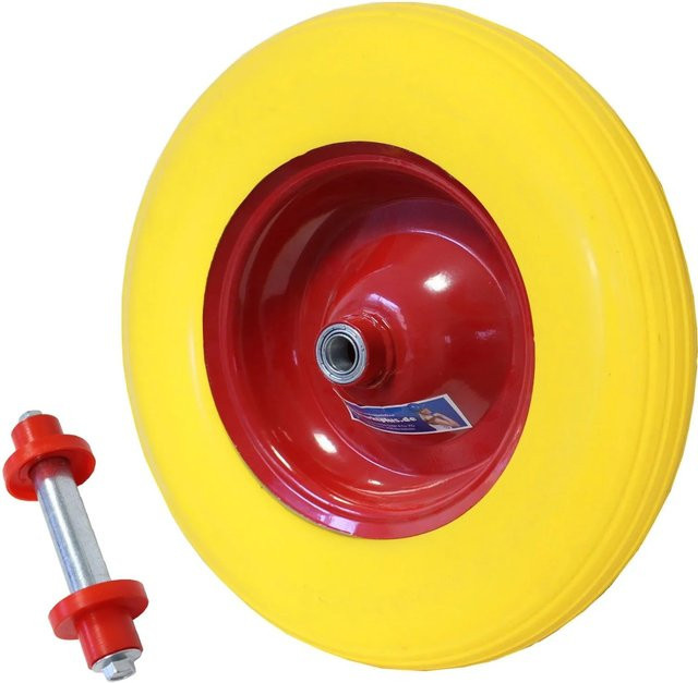 TRUTZHOLM Schubkarrenrad Vollgummi 4.00-8 mit Achse in Rot und Gelb - Bild 1