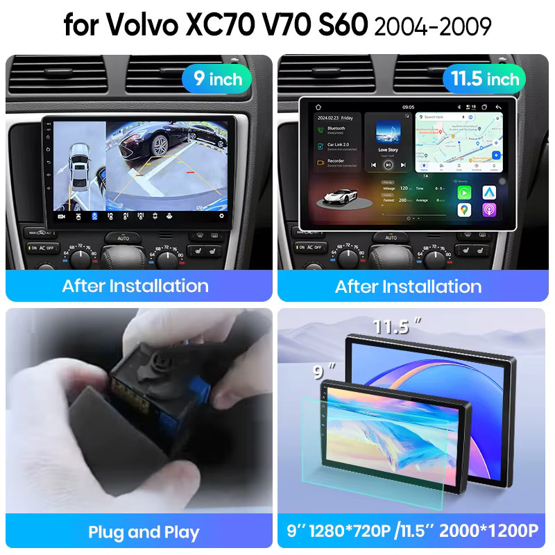 Junsun Multimedia Autoradio mit kabellosem CarPlay und Android Auto für Volvo XC70 V70 S60 (2004-2014) inklusive GPS, Bluetooth und FM Radio in Schwarz - Bild 5