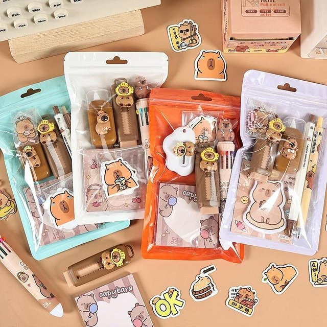 Schreibwaren Set mit Cartoon Capybara Muster und Stickys in Multicolor - Bild 1