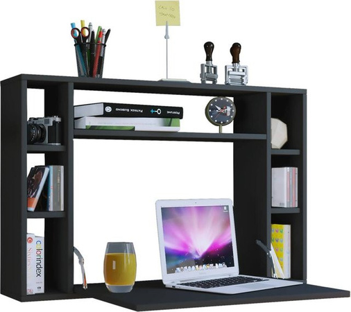 Wandschreibtisch Wandila VCM Möbel schwarz mit ausklappbarer Tischplatte und 7 Fächern für dein Home Office, B: 90 cm, H: 60 cm, T: 20/67 cm