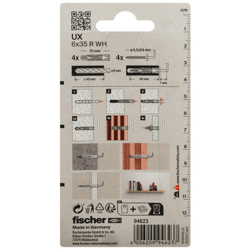 Fischer Universaldübel UX aus Nylon mit Winkelhaken, Farbe: Silber/Grau, Durchmesser: 6 mm, Länge: 35 mm - Bild 3