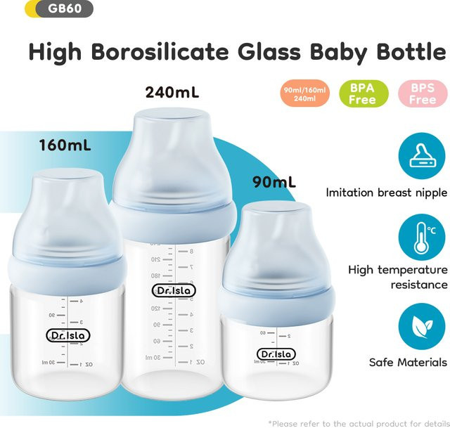 MAMIJOY Baby-Glasflasche mit Anti-Kolik-Ventil, breitgewinkelt und brustförmig, transparent/blau, 240 ml - Bild 1