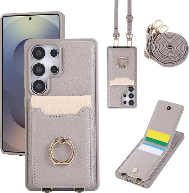 Crossbody Ledertasche für Samsung Galaxy S25 Ultra S25 Edge S24 Plus S23 S22 in Grau mit Lanyard und Kartenfach - Bild 1