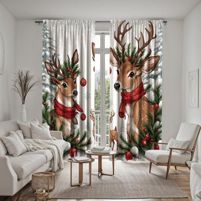 2-teiliges Set Weihnachts Vorhang mit Schneeflocken und Rentier Motiv in Weiß, B: 132 cm, H: 160 cm - Bild 1