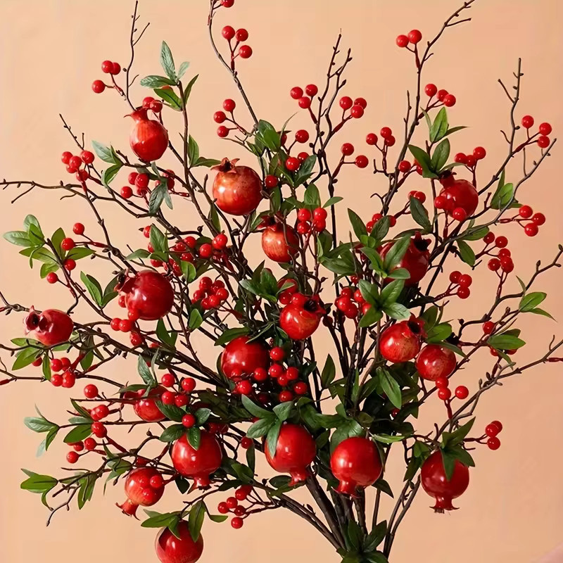 Künstliche Granatapfelzweige in Rot mit realistischen Früchten und Blüten für Tischdekoration und festliche Anlässe - Bild 4