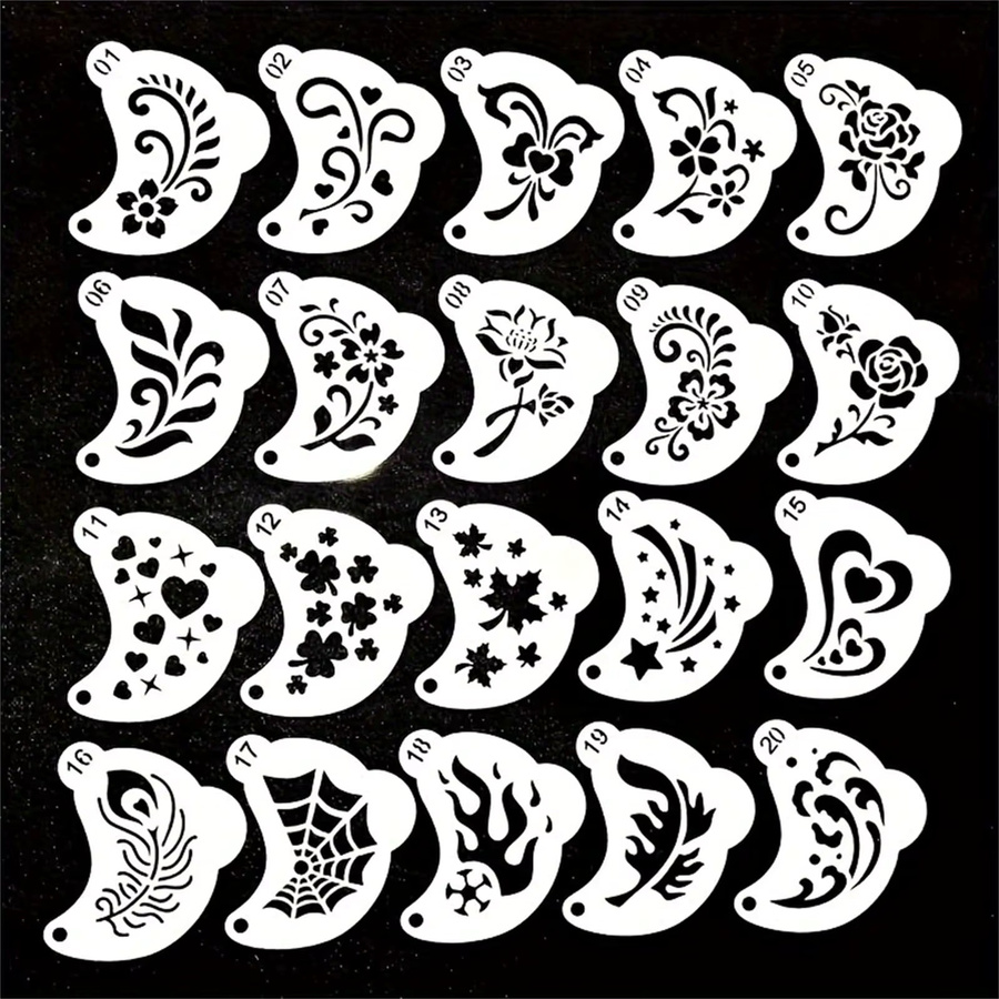 20-teiliges Set Gesichtsbemalungsschablonen, Kunststoff, Blumen, Spinnennetz, Herz - Bild 2