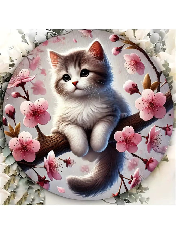 Rundes Metallschild Potdemiel im antiken Design mit weißer Tabby-Katze und rosa Kirschblüten, Durchmesser: 20 cm - Bild 6