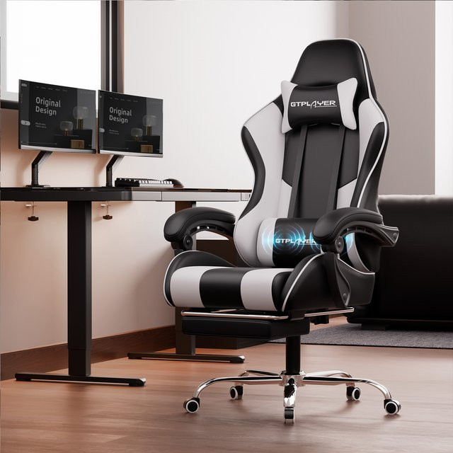 GTPLAYER Gaming Stuhl mit Massage in Weiss/Schwarz mit Fußstütze und Kopfstütze - Bild 1