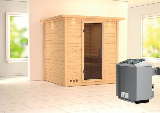 Karibu Massivholzsauna Marika aus Fichte und Espe mit 9,0 kW Ofen, integrierter Steuerung, LED-Dachkranz und Ganzglastür in Graphit, B/T/H: 196 x 196 x 200 cm - Bild 1