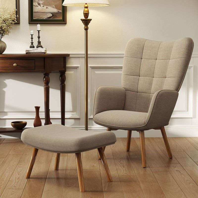 HOMCOM Ohrensessel mit Hocker in Cord-Optik, Loungesessel mit Buchenholzbeinen und Stahlrahmen, Hellbraun - Bild 2