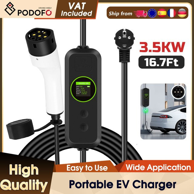 Podofo Tragbares EV Ladegerät Typ 2 mit 5m Kabellänge, 16A, 3,5KW, IP65 wasserdichtes Elektroauto-Ladekabel für Elektrofahrzeuge - Bild 1