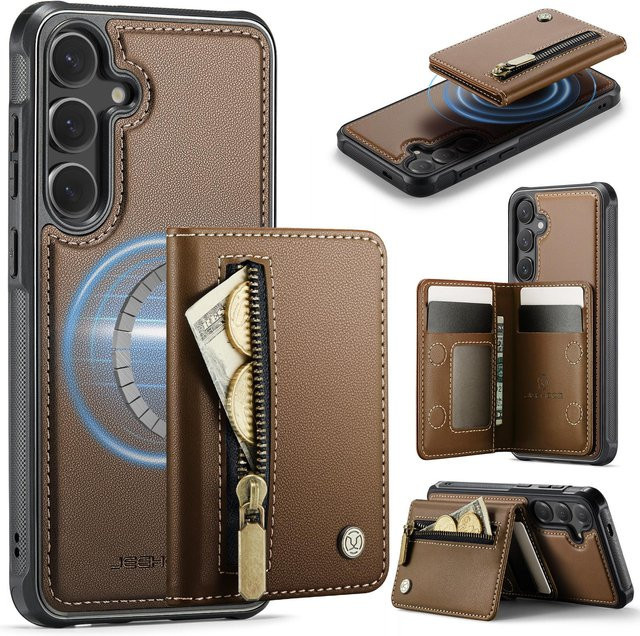 HQBBRO 2-in-1 Magnetische Leder Geldbörse Hülle mit RFID-Schutz und Reißverschluss für Samsung Galaxy S25 Edge S24 Ultra S23 Plus S23 FE in Braun - Bild 1