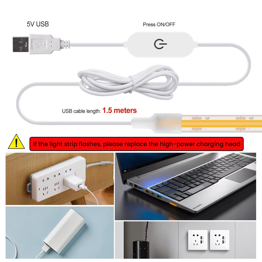 HEGEHE IP68 Wasserdichter COB-LED-Streifen mit 320 LEDs/m, 5V USB-Anschluss, flexibles Silikon-Lichtband für Haus- und Gartendekoration in Weiß - Bild 5